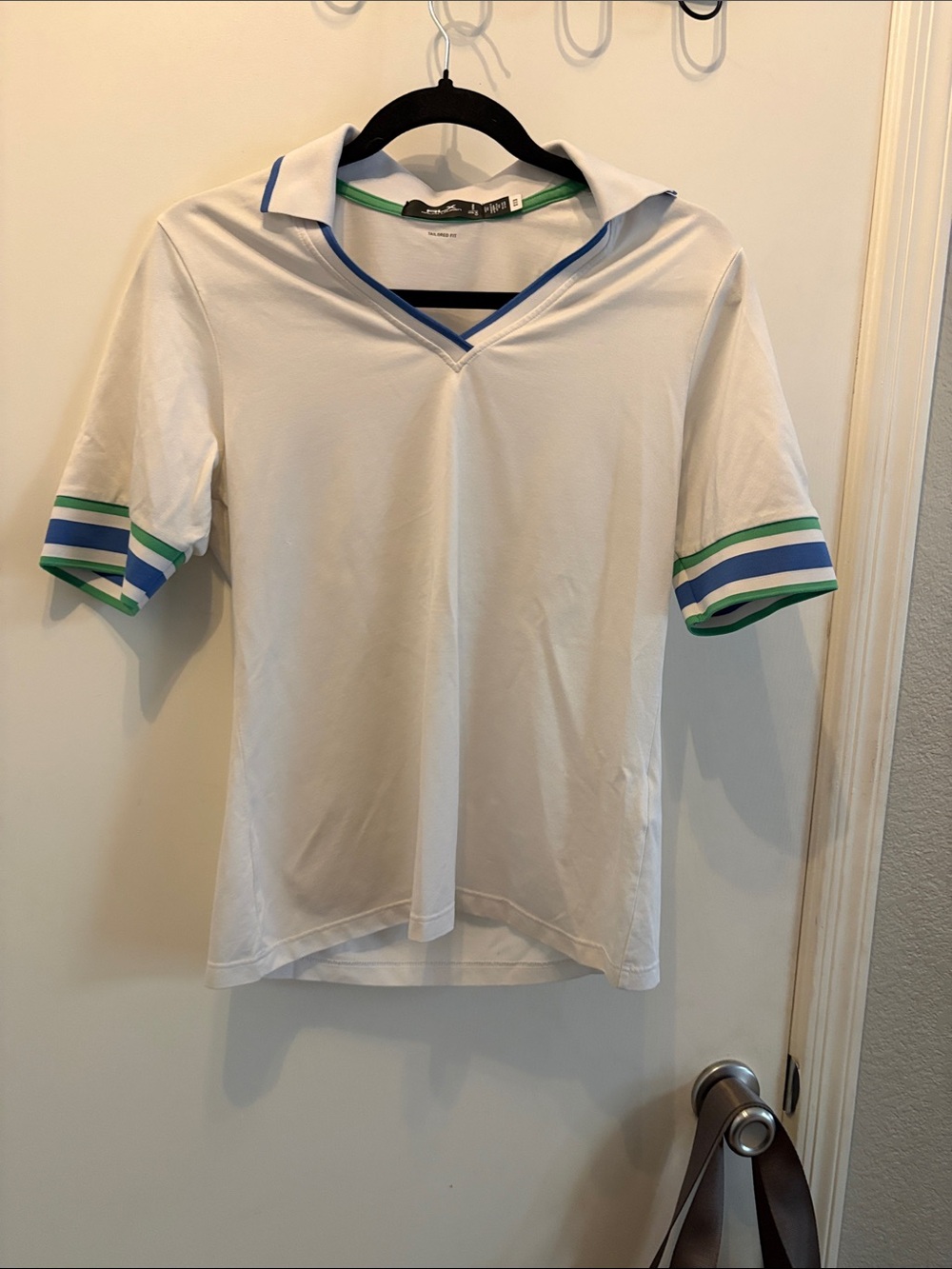 RLX Ralph Lauren White Polo Shirt with Blue & Green Stripe Trim SZ S Tenniscore